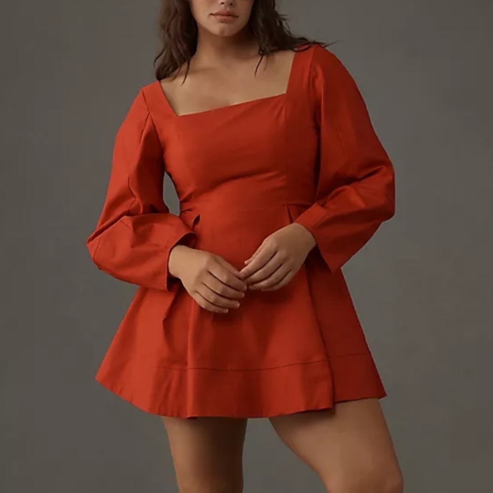 Maeve Womens red square neck long sleeve pleated mini dress XL